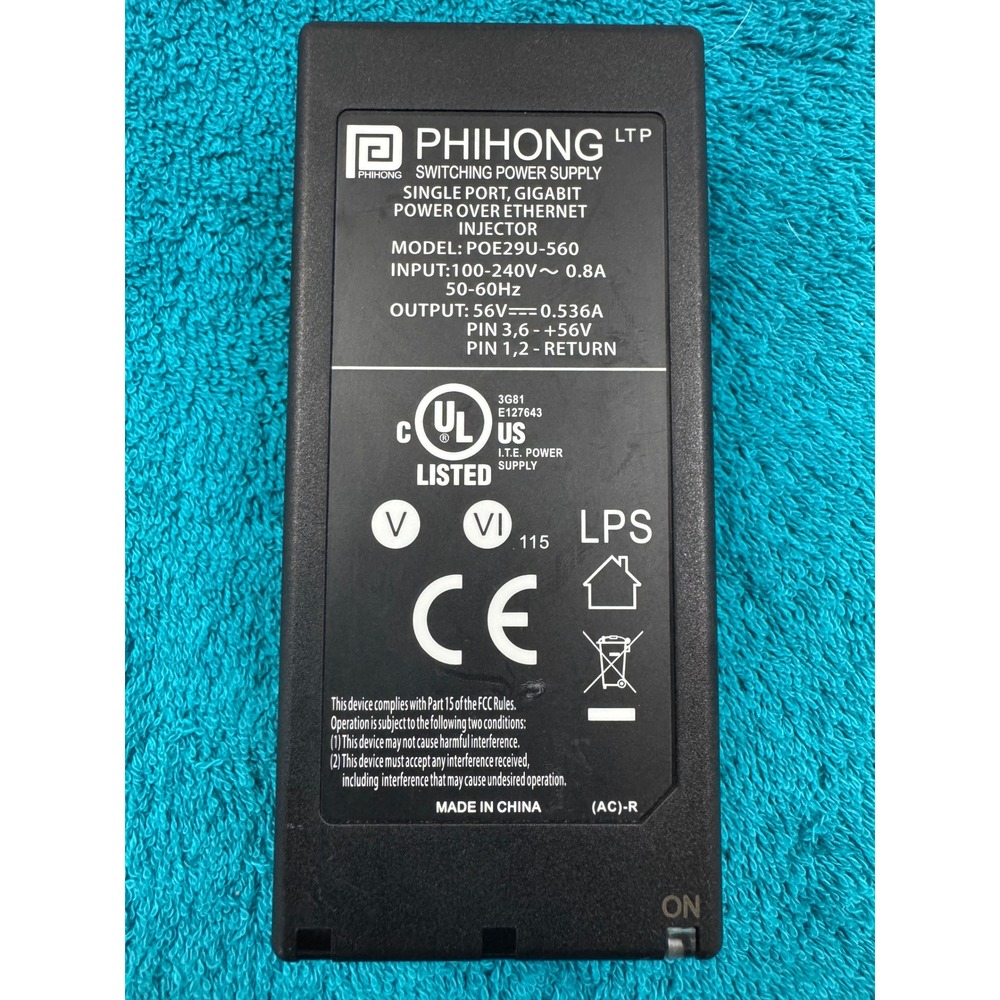 Phihong POE29U-560 Gigabit PoE Injector 56V 0.536A‎ Power Supply Black
